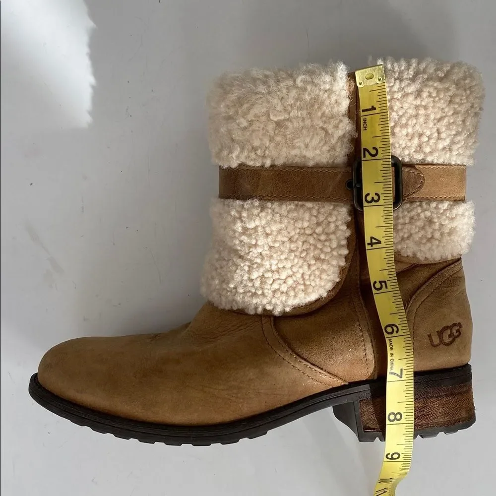 UGG Blayre II Boots Women's Tan Suede Cream Shearling Buckle Sz 9.5 Boho Western